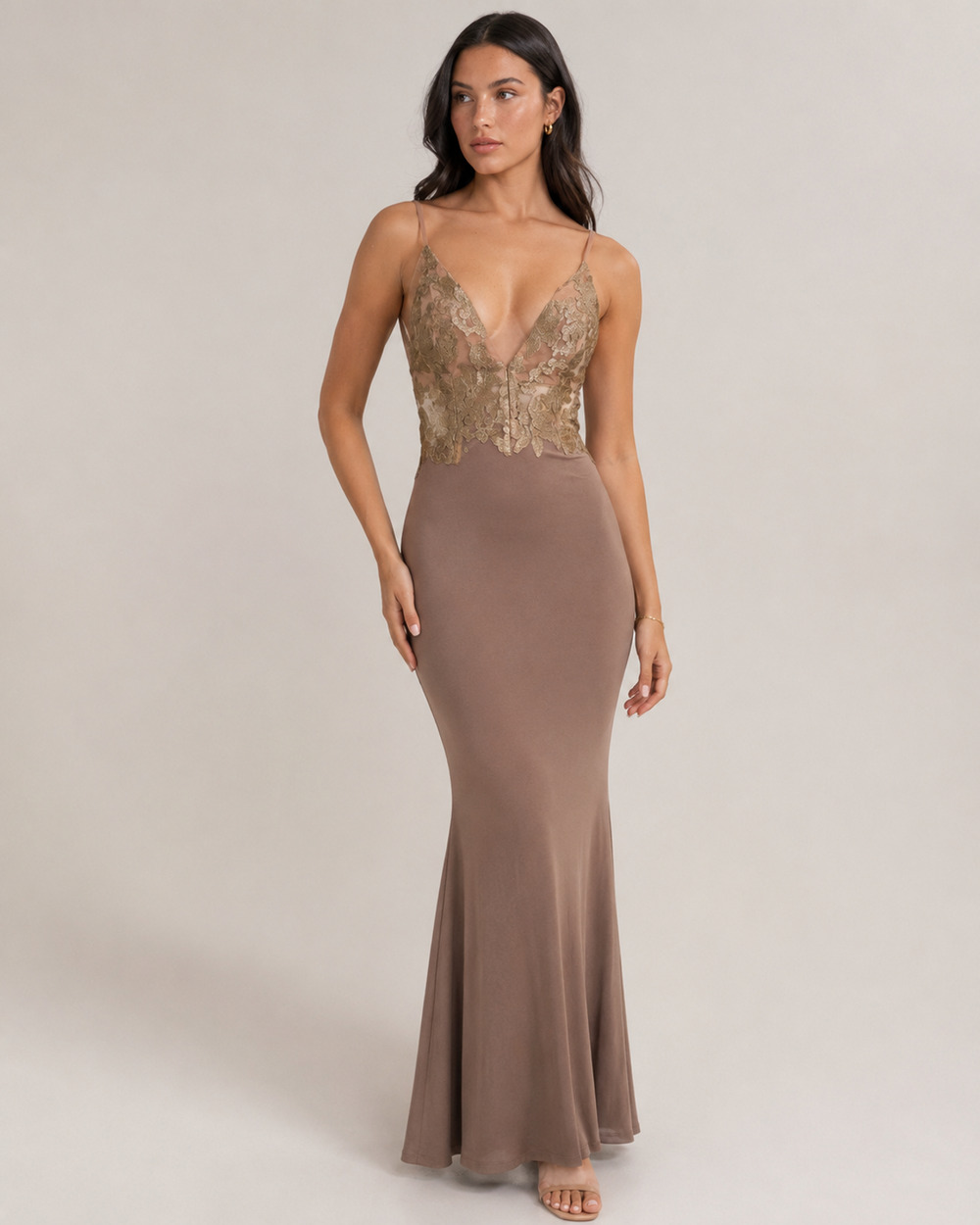Abyss by Abby Stella Backless Mermaid Gown Taupe Gold Lace Ruched Back NWT Small